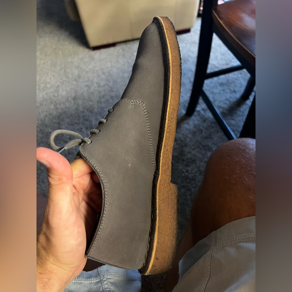 Clarks Grey suede Oxford shoes. 11.5. Some water spots/sole color wear.
